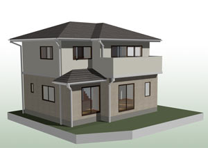 サッシ茶色、雨樋白色