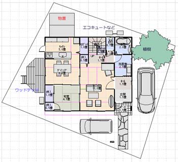 土地に対して斜めに建てる（見取り図）